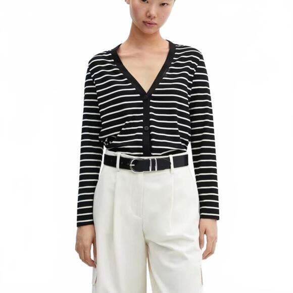Mango Sweaters - Mango Striped V-Neck Rib-Knit Striped Cardigan BLACK WHITE